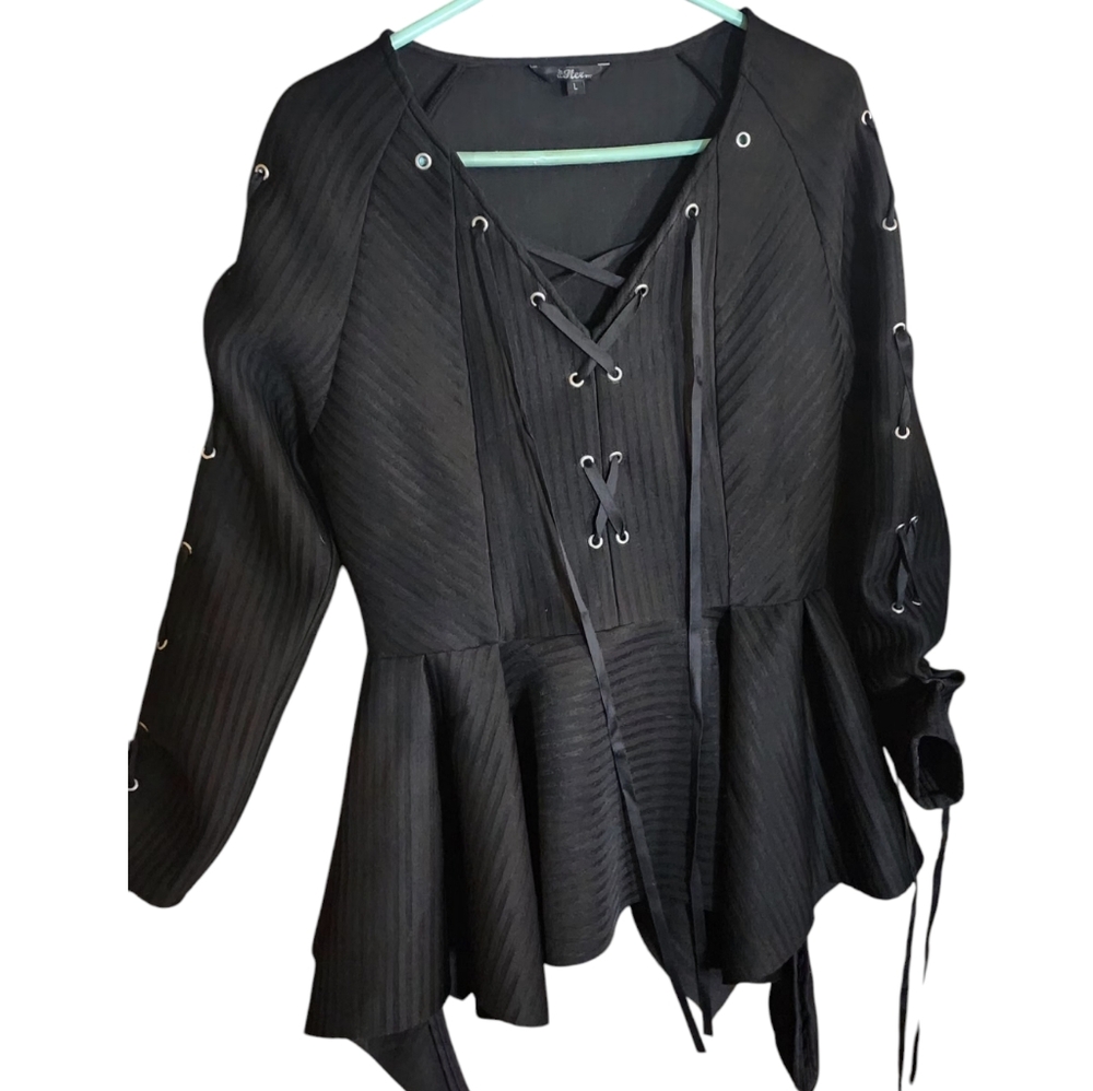 For Her Nyc Black Peplum Tie Front Blouse and Tie Sleeves